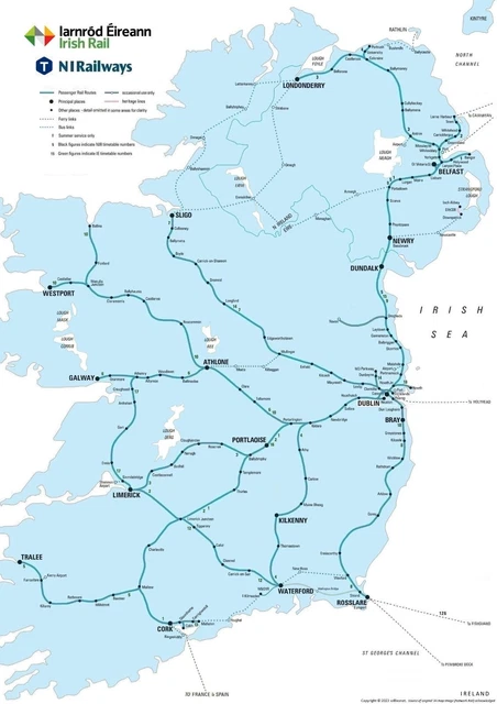 IRELAND TRAIN MAP (RAIL PASSENGER NETWORK) IE/NIR 2024 with TT refs